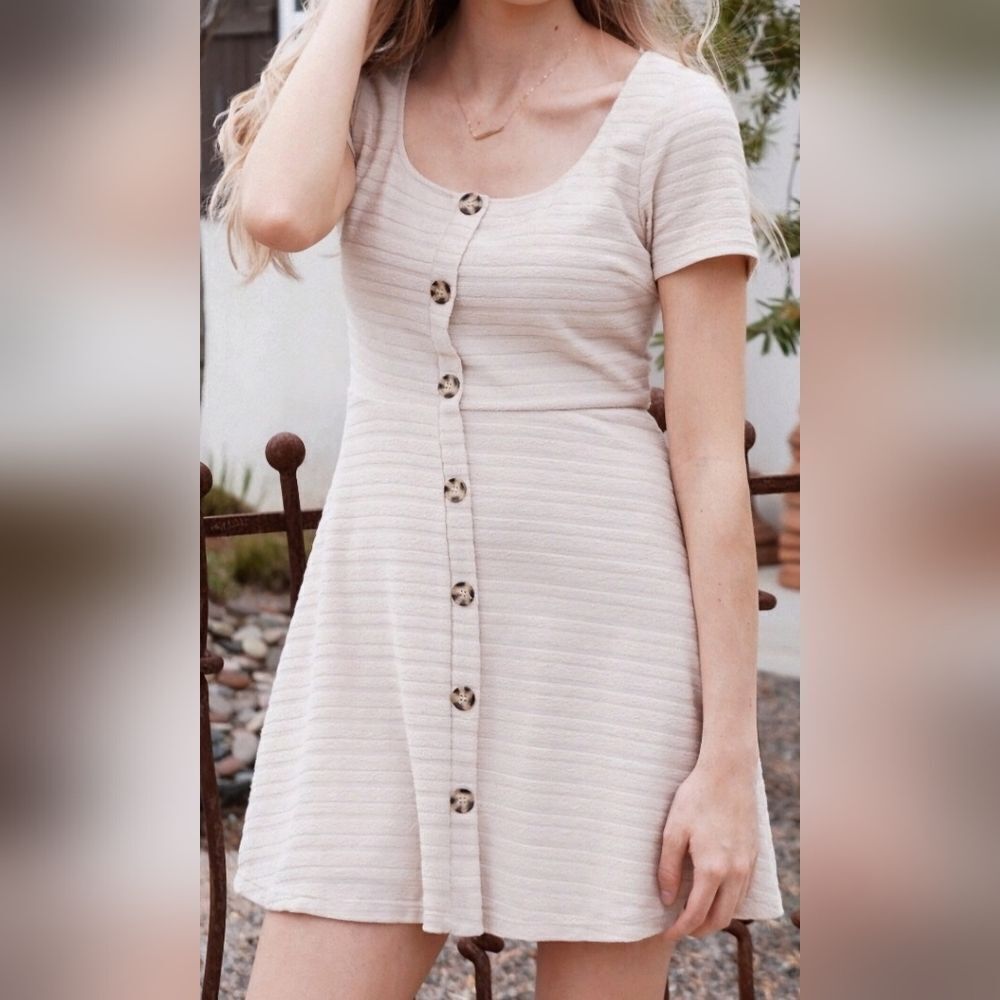 NWT Lush Sand Dollar Tan Striped Short Sleeve Dress (S)